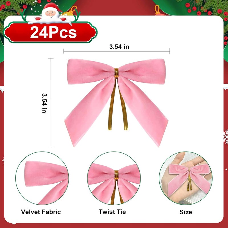 CCILAND Store 24 Pcs Pink Small Velvet Bows for Christmas Tree, 3.54 Inch Mini Christmas Bows for Gift Wrapping, Twist Tie Velvet Bows Xmas Ornaments for Wreath, Crafts, Party, Wedding - Image 2
